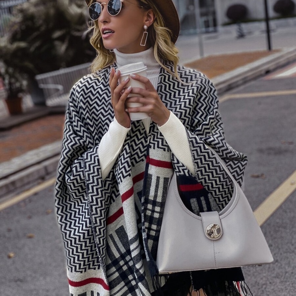 plaid print tassel hem poncho cardigan wrap - Picture 4 of 6